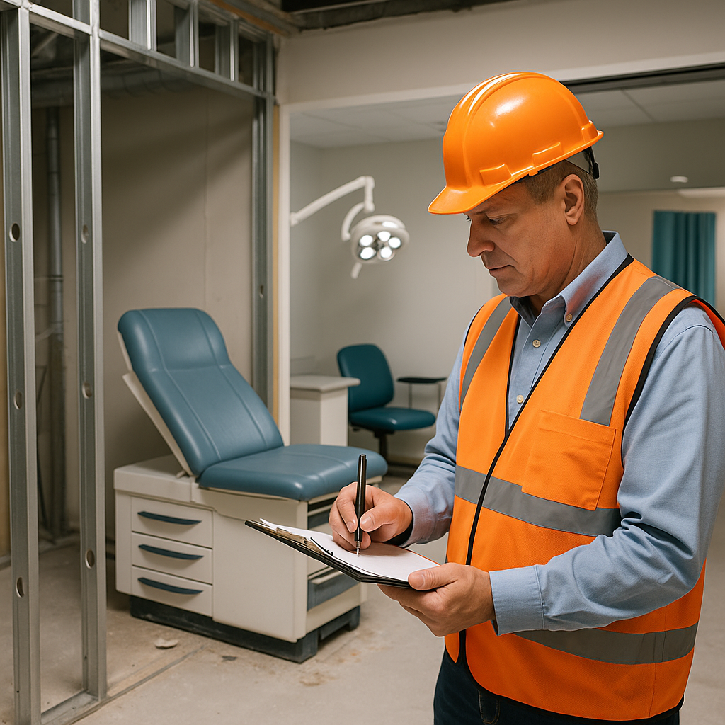 Superintendent verifying compliance during a medical office tenant build-out, reviewing plans inside an exam room under construction.